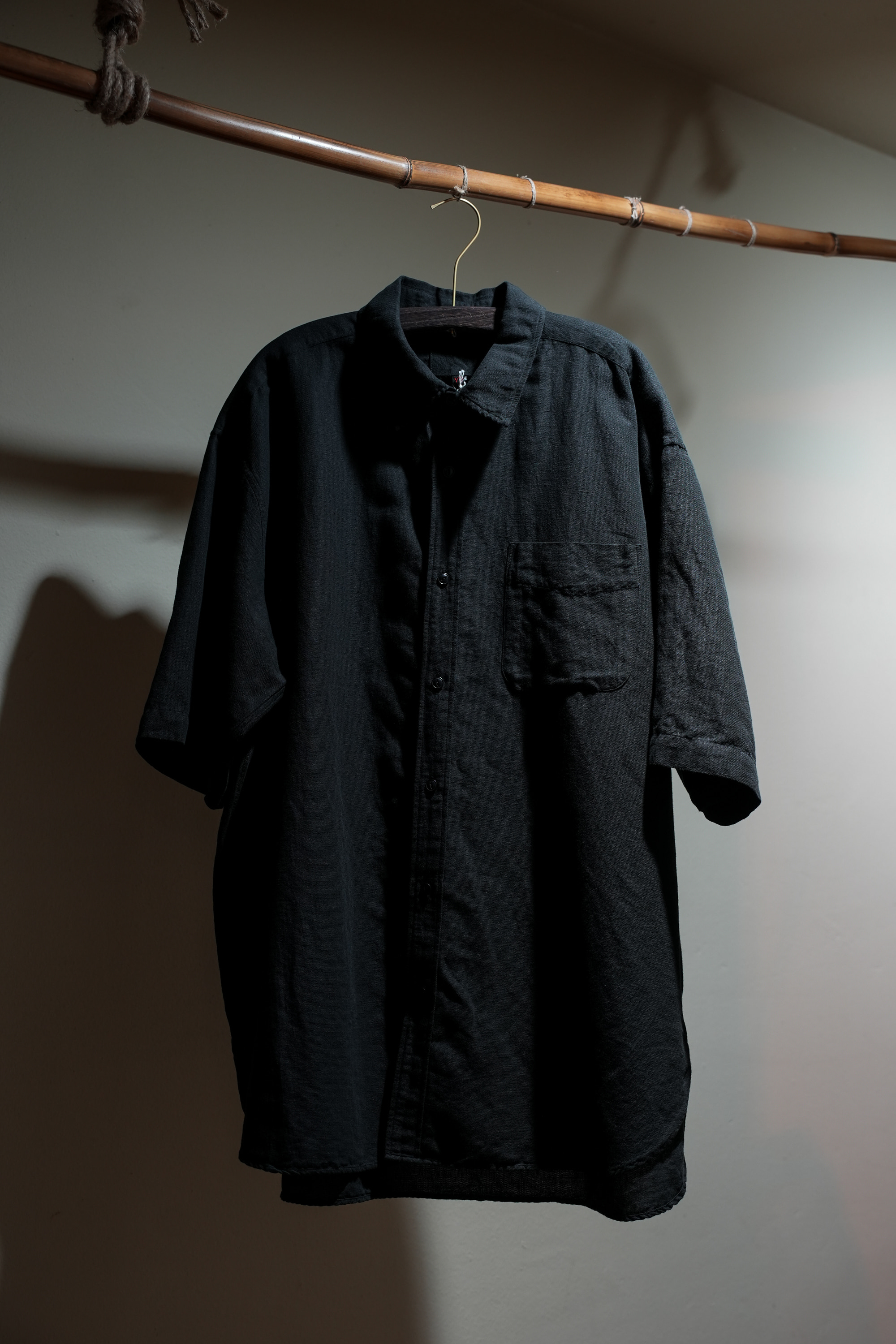 요코 사카모토 Yoko Sakamoto OPEN COLLAR SHIRT / Cotton + Linen Garment Dye - Black